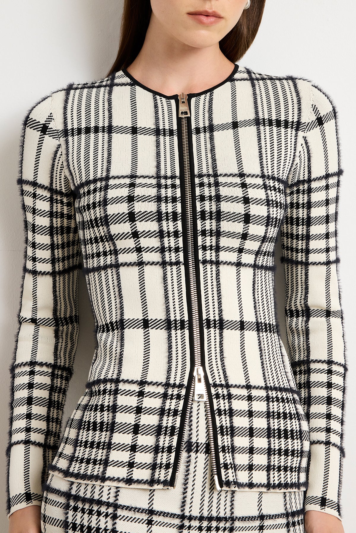 The Greer Zip Front Plaid Jacquard Knit Cardigan in Ivory Plaid