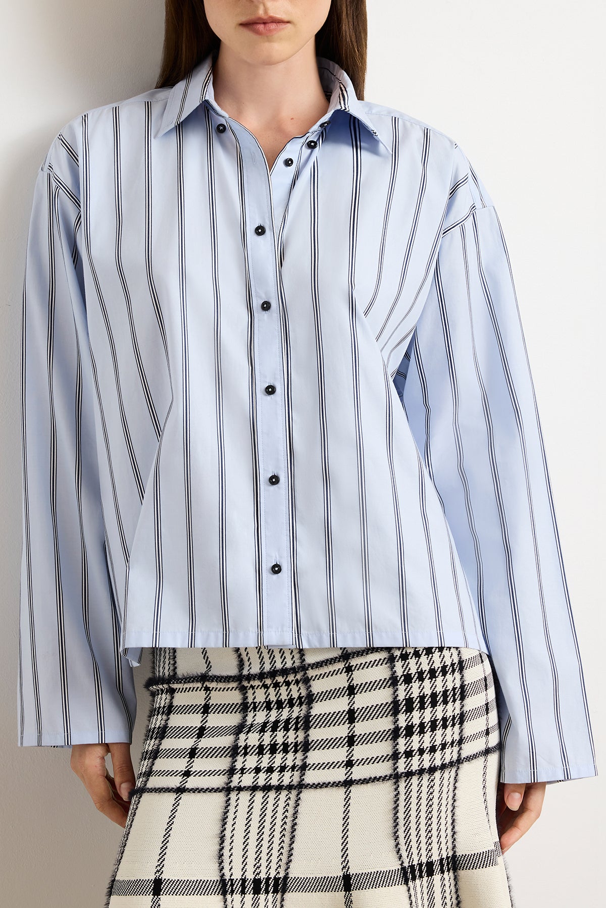 The Javi Boxy Button Down Shirt in Blue & Black Stripe