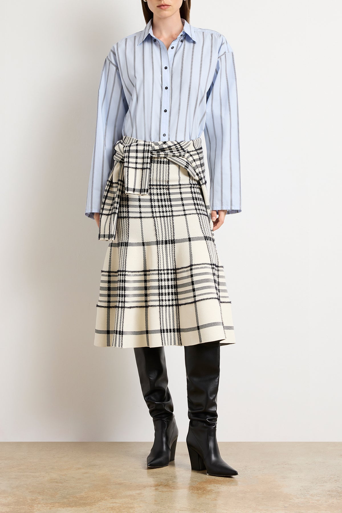 The Rory Flare Knit Skirt with Jacquard Plaid in Ivory Plaid