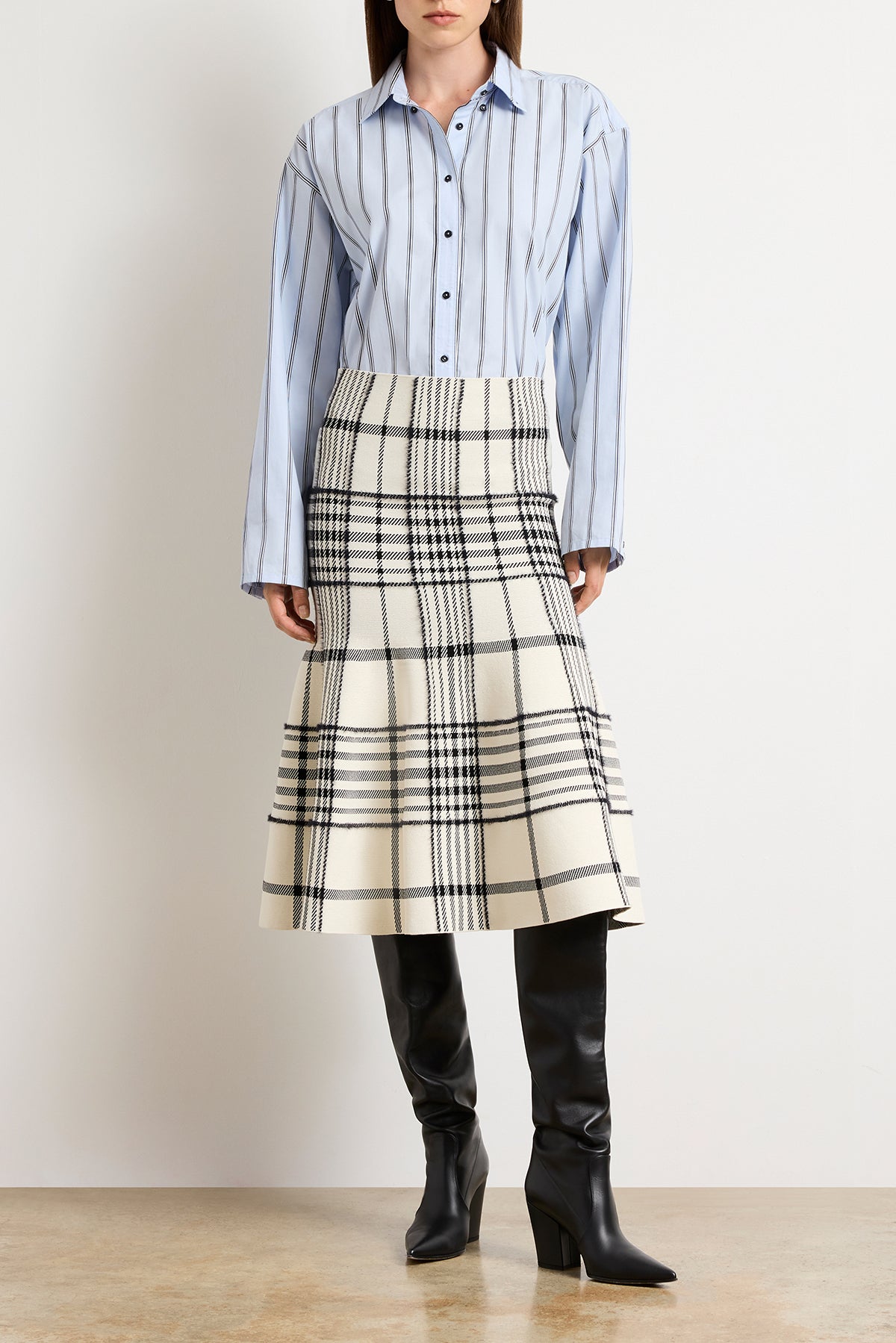 The Rory Flare Knit Skirt with Jacquard Plaid in Ivory Plaid