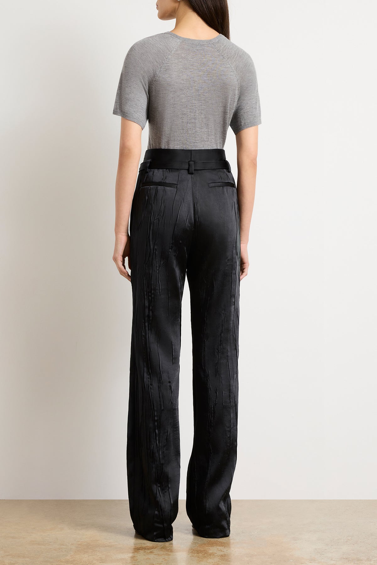 The Kaia Crushed Satin Straight Leg Trouser in Black
