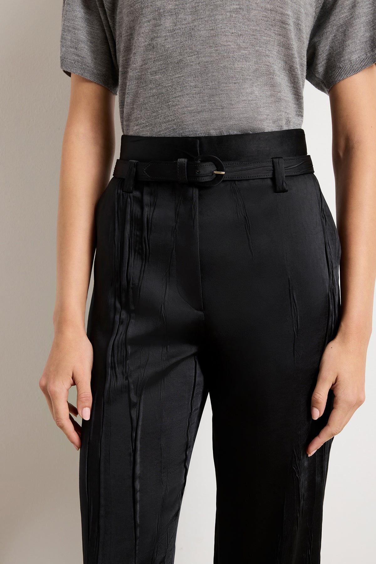 The Kaia Crushed Satin Straight Leg Trouser in Black
