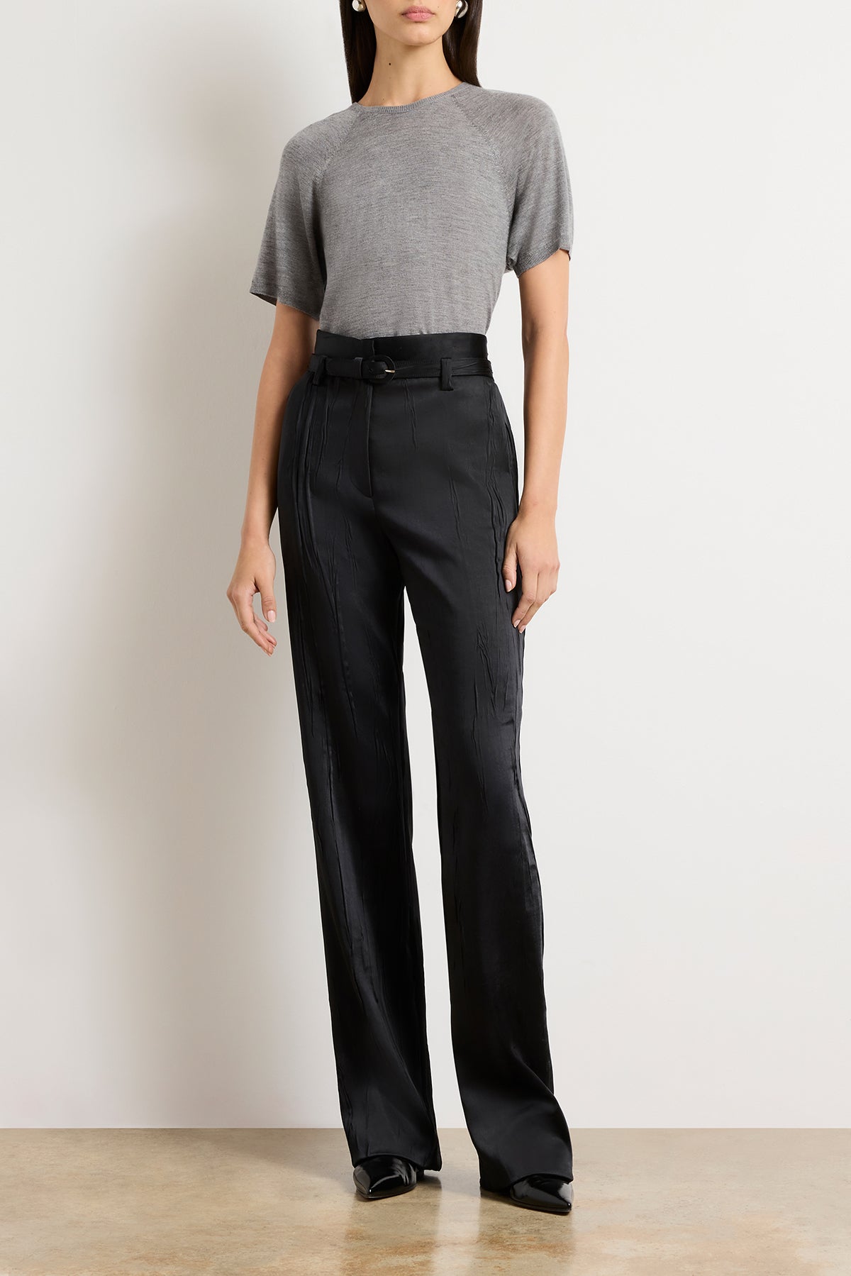 The Kaia Crushed Satin Straight Leg Trouser in Black