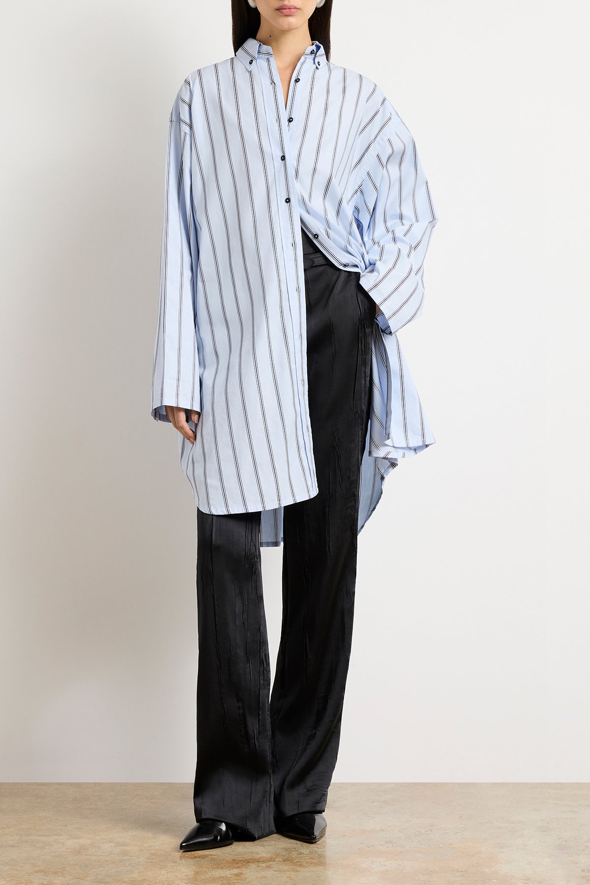 The Long Javi Boxy Button Down Shirt in Blue & Black Stripe