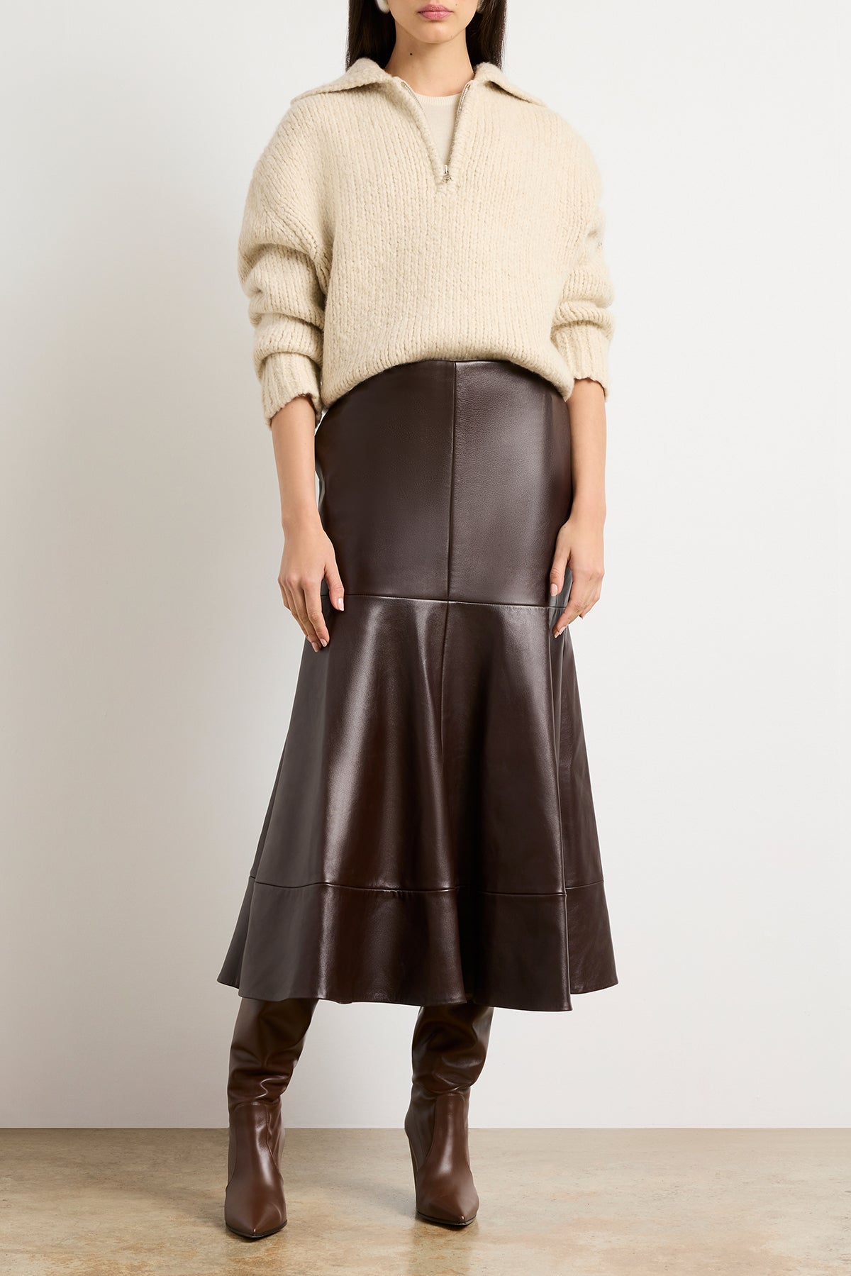 The Preston Leather Skirt with Flared Hem in Chocolate Brown