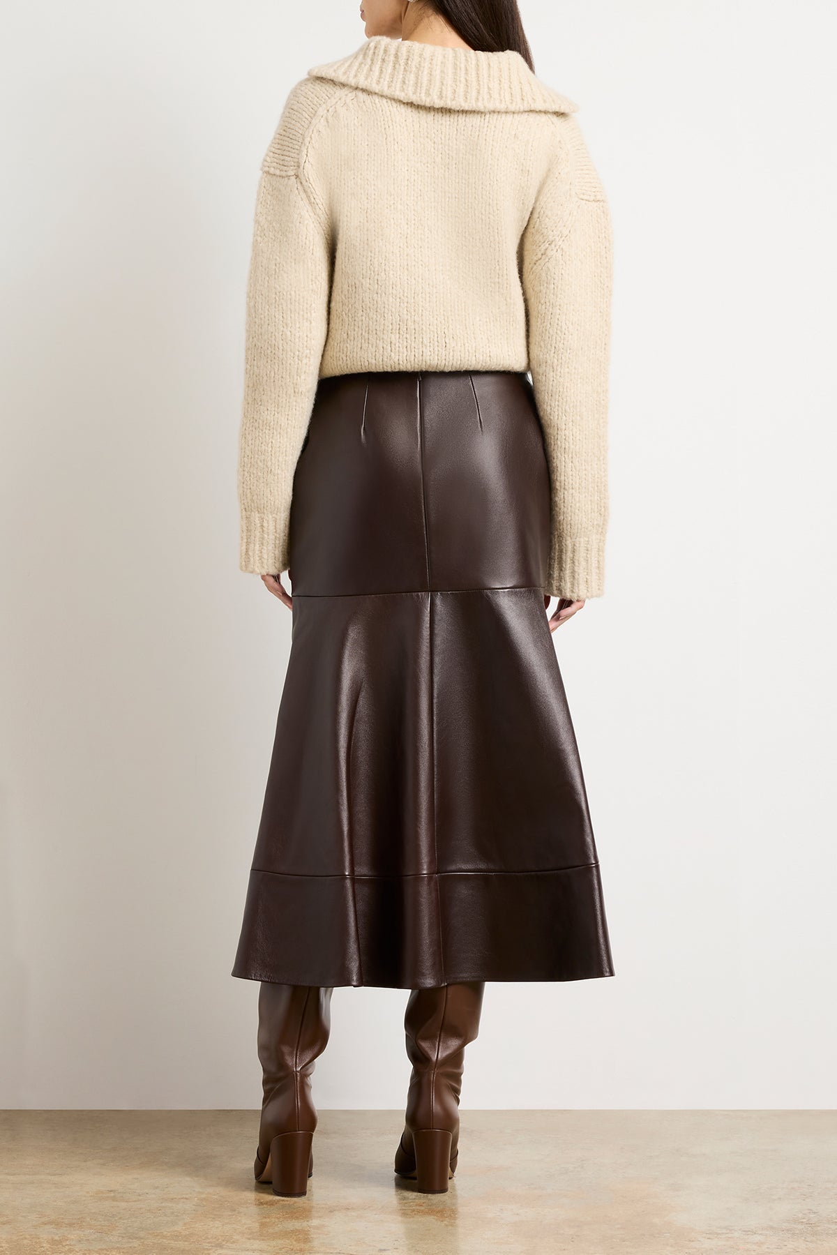 The Preston Leather Skirt with Flared Hem in Chocolate Brown