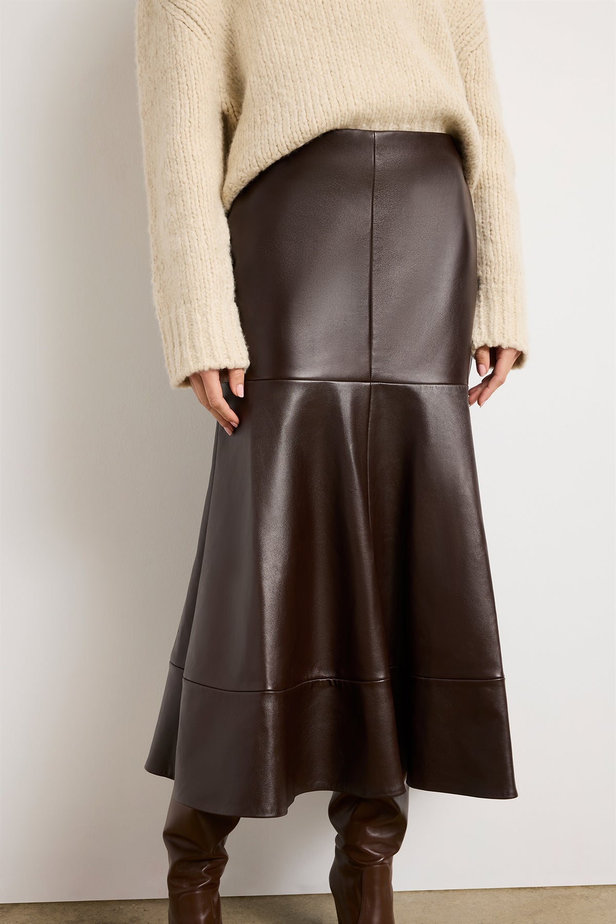 The Preston Leather Skirt with Flared Hem in Chocolate Brown