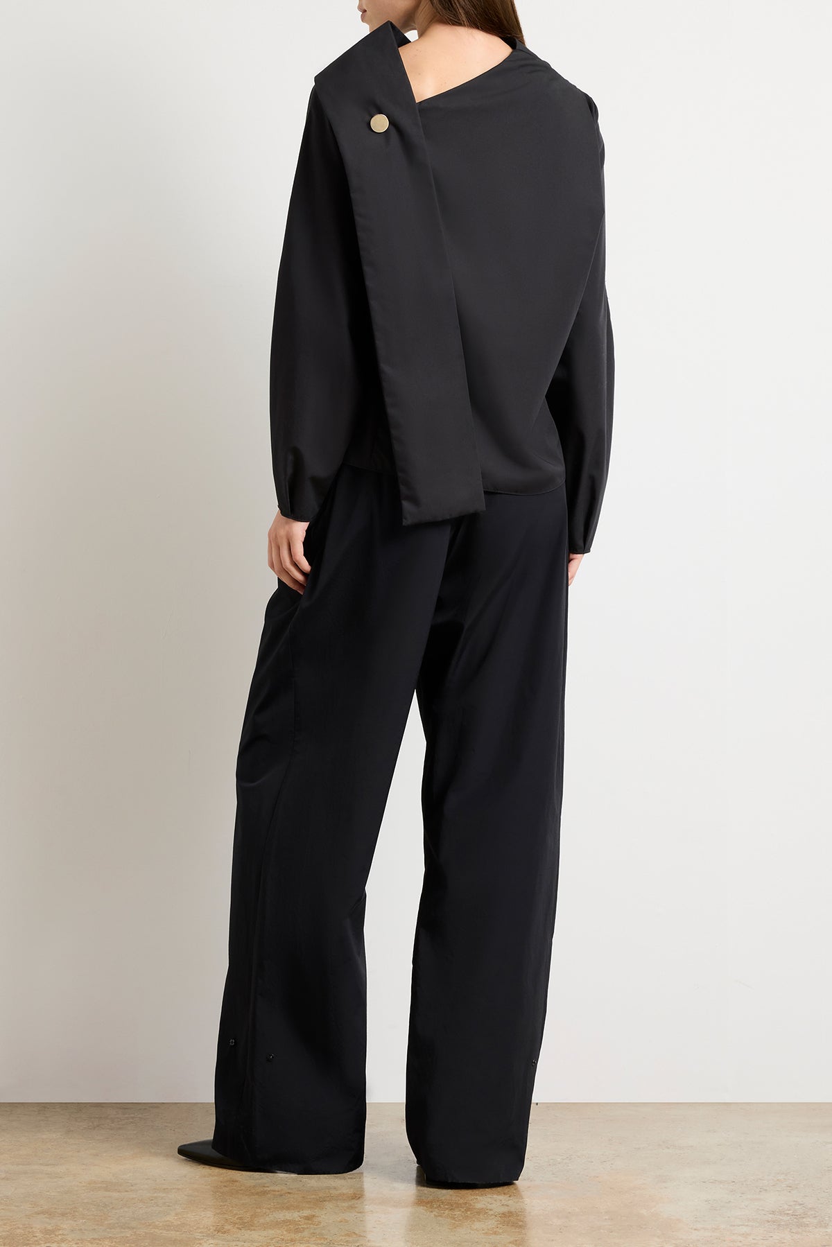 The Quinn One Sleeve Poplin Scarf Neck Top in Black