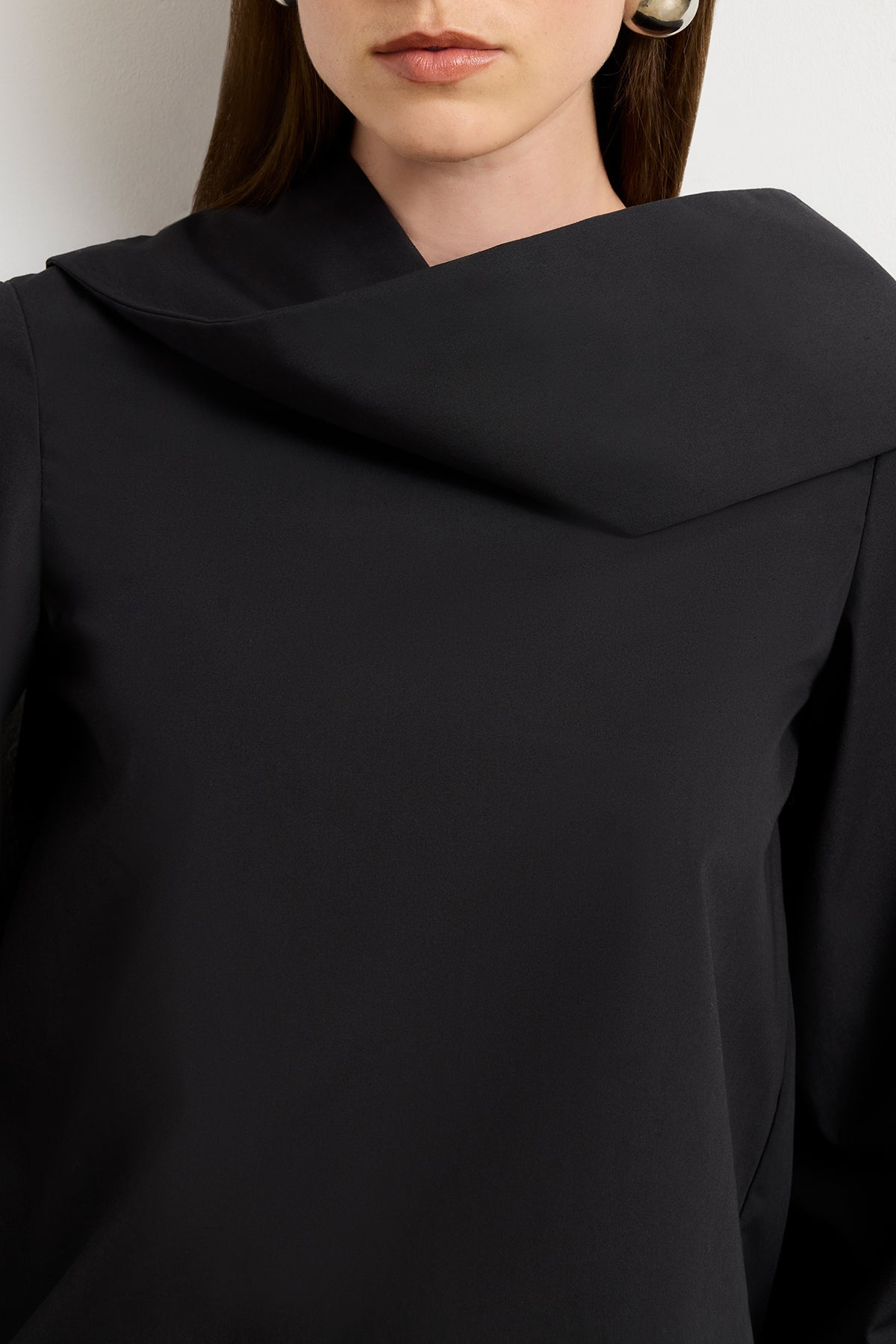 The Quinn One Sleeve Poplin Scarf Neck Top in Black