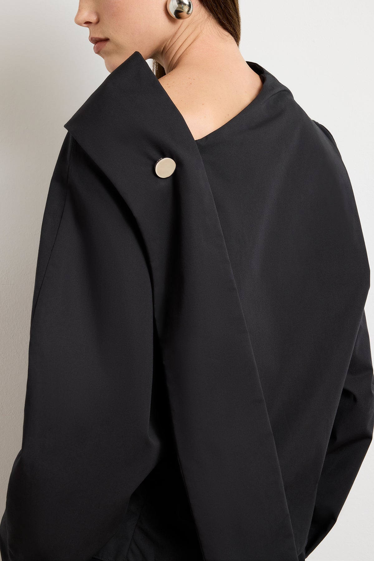 The Quinn One Sleeve Poplin Scarf Neck Top in Black