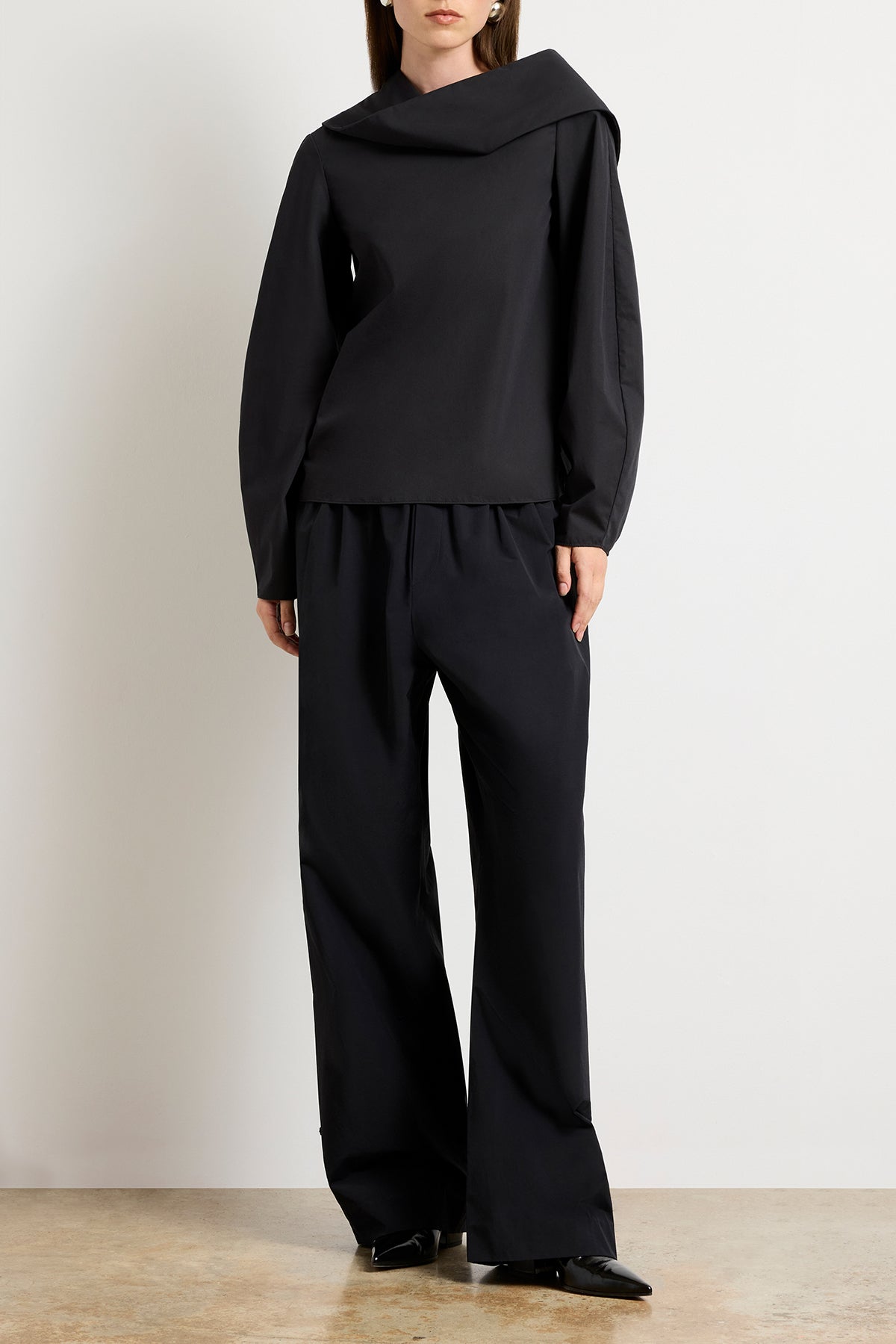 The Quinn One Sleeve Poplin Scarf Neck Top in Black