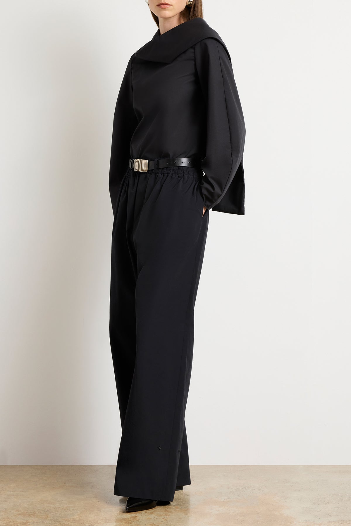 The Quinn One Sleeve Poplin Scarf Neck Top in Black