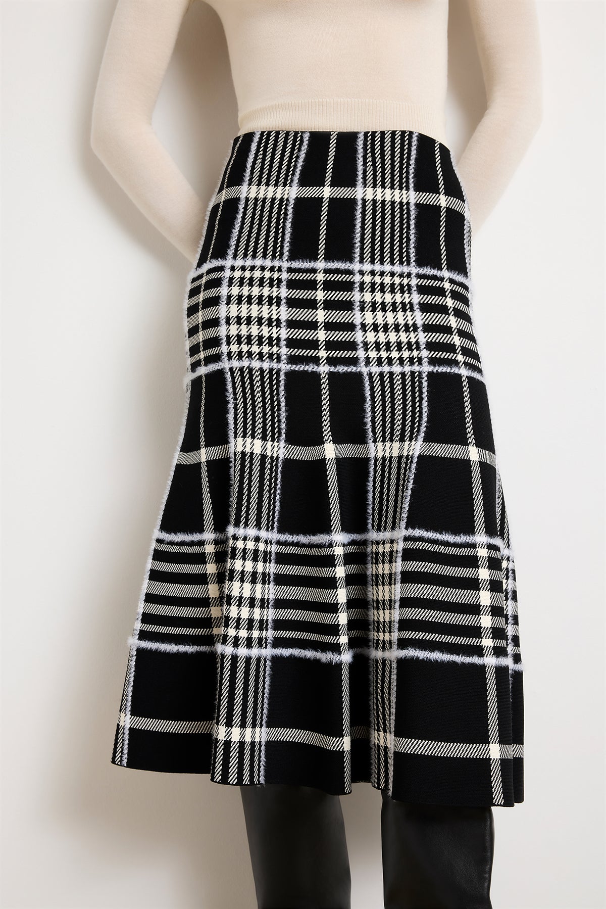 The Rory Flare Knit Skirt with Jacquard Plaid in Black Plaid