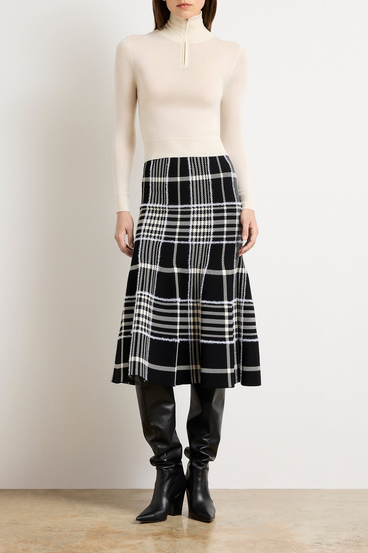 The Rory Flare Knit Skirt with Jacquard Plaid in Black Plaid