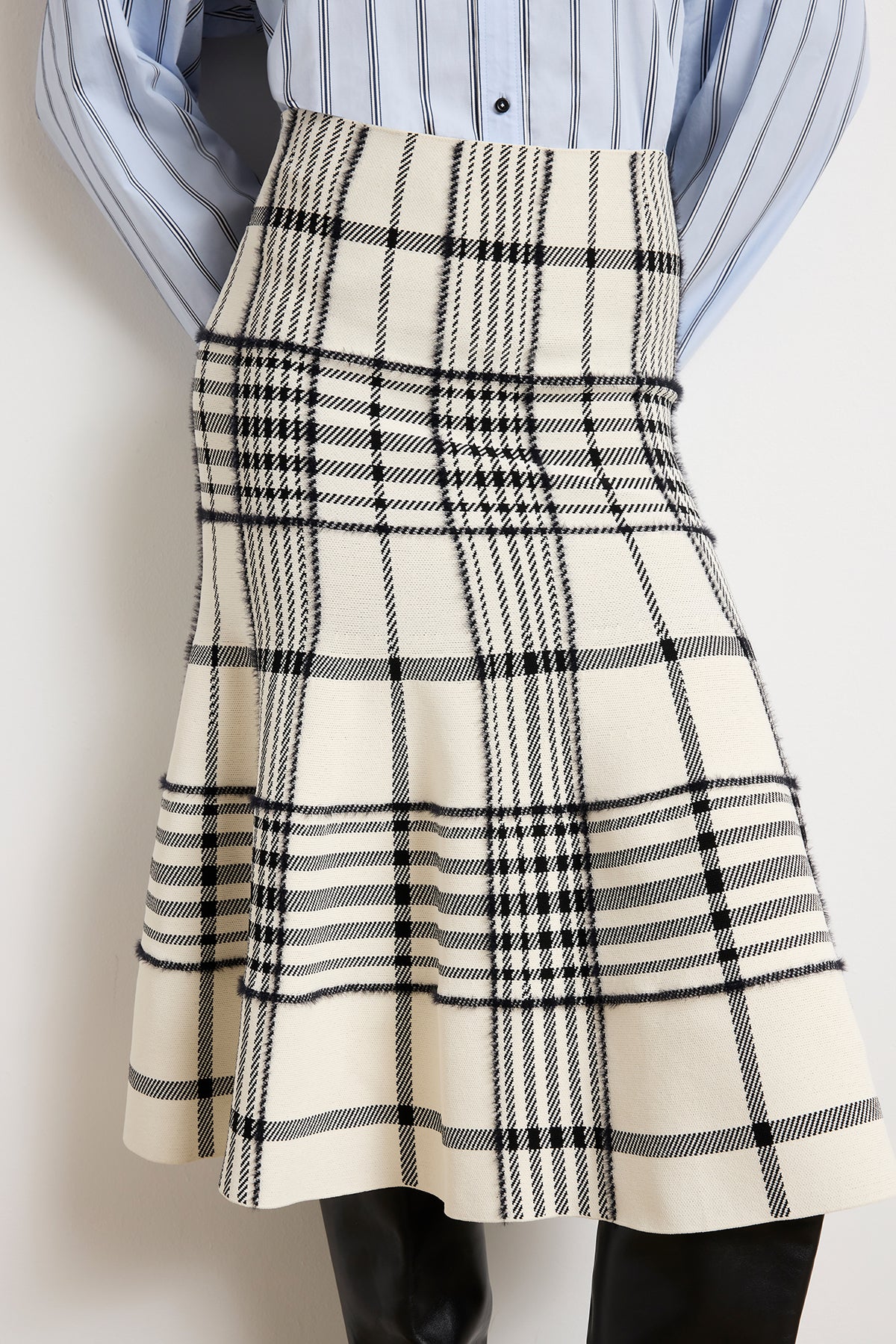 The Rory Flare Knit Skirt with Jacquard Plaid in Ivory Plaid