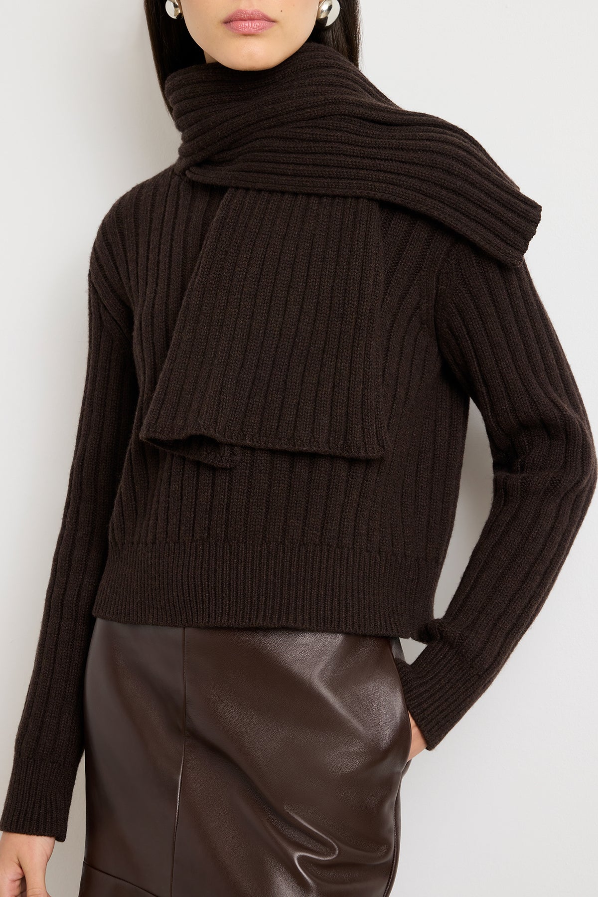 The Ryan Ribbed Scarf Sweater in Chocolate Brown