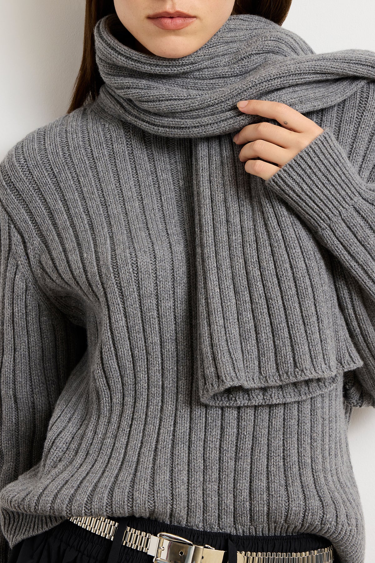 The Ryan Ribbed Scarf Sweater in Heather Grey
