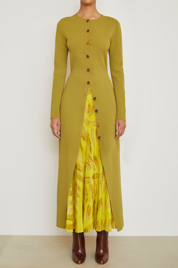 The Emm Crew Neck Long Sleeve Cardigan Dress in Green