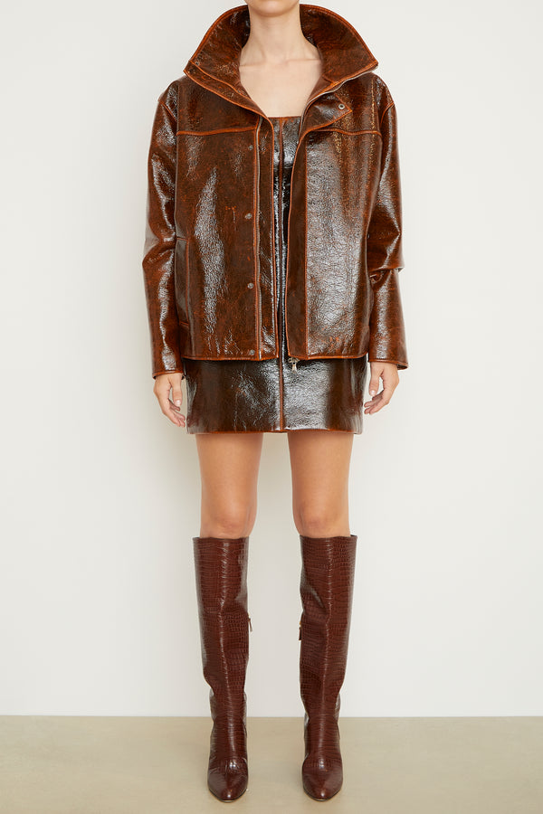 The Mini Kady Dress in Mahogony Glaze Lacquered Wool