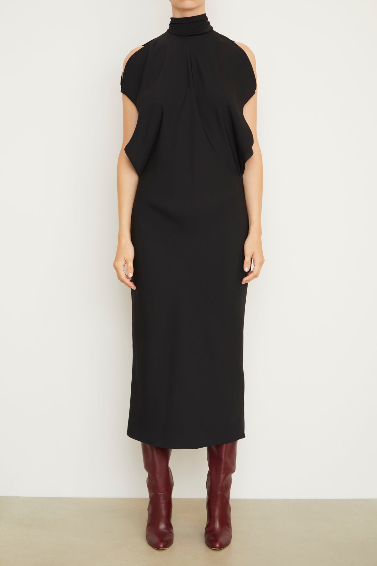 The Evie Sleeveless Midi Shift Dress with Neck Scarf in Black