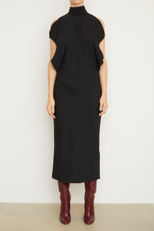The Evie Sleeveless Midi Shift Dress with Neck Scarf in Black