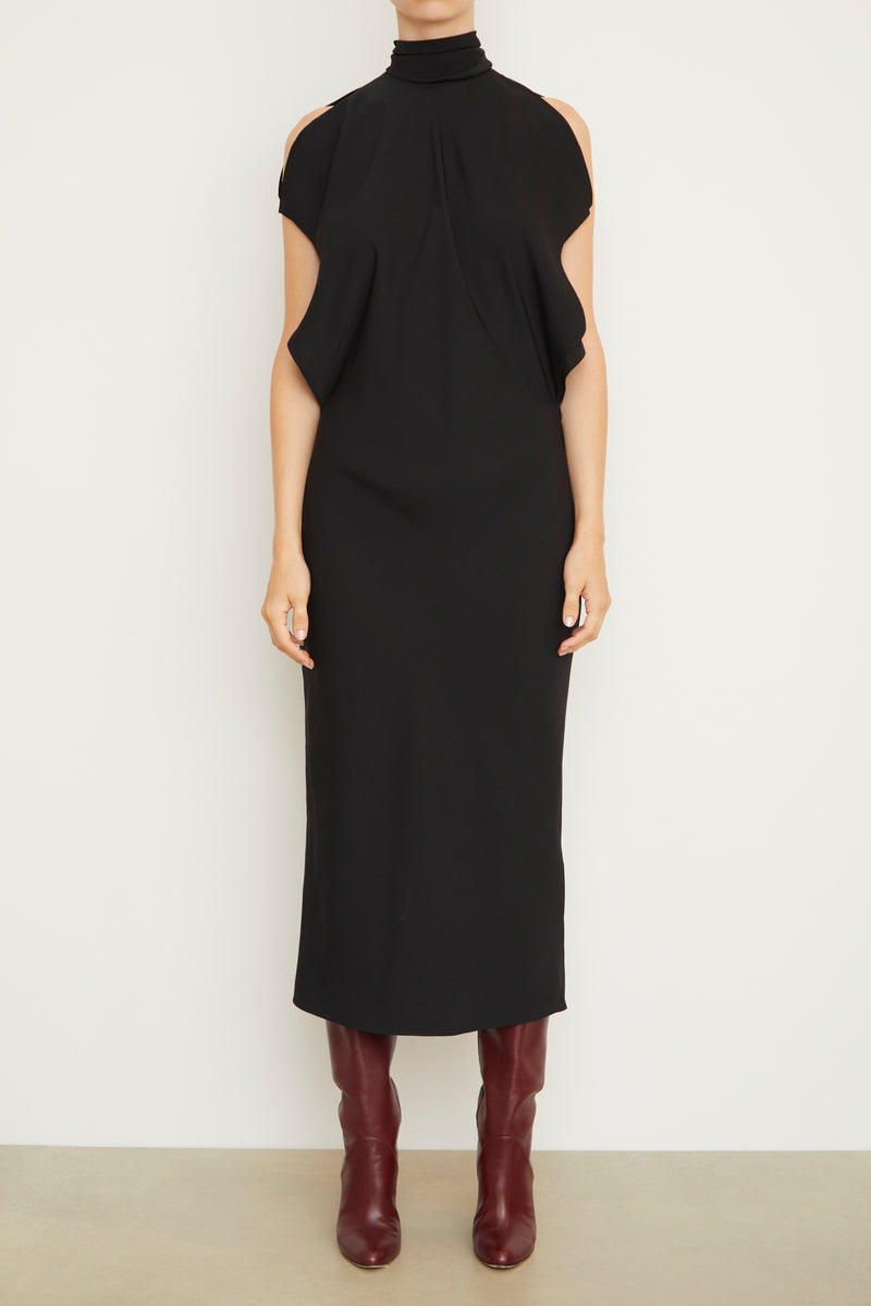 The Evie Sleeveless Midi Shift Dress with Neck Scarf in Black