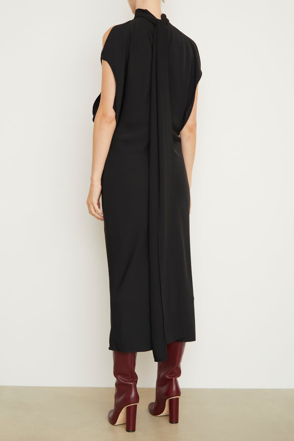 The Evie Sleeveless Midi Shift Dress with Neck Scarf in Black