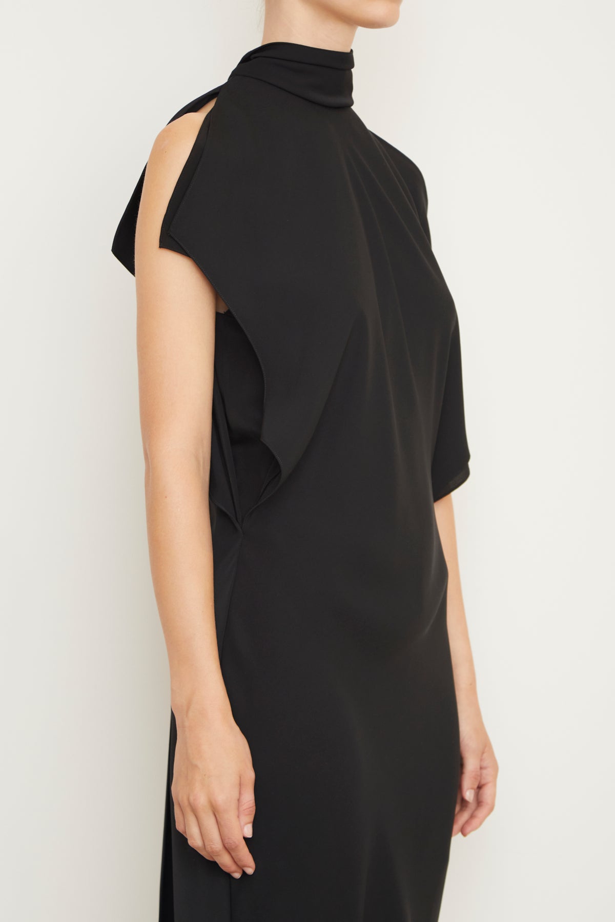 The Evie Sleeveless Midi Shift Dress with Neck Scarf in Black
