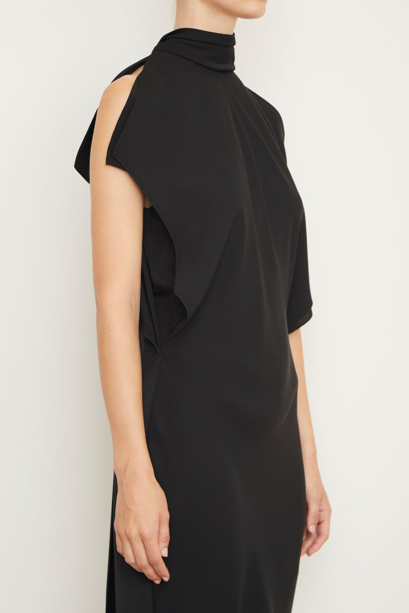 The Evie Sleeveless Midi Shift Dress with Neck Scarf in Black