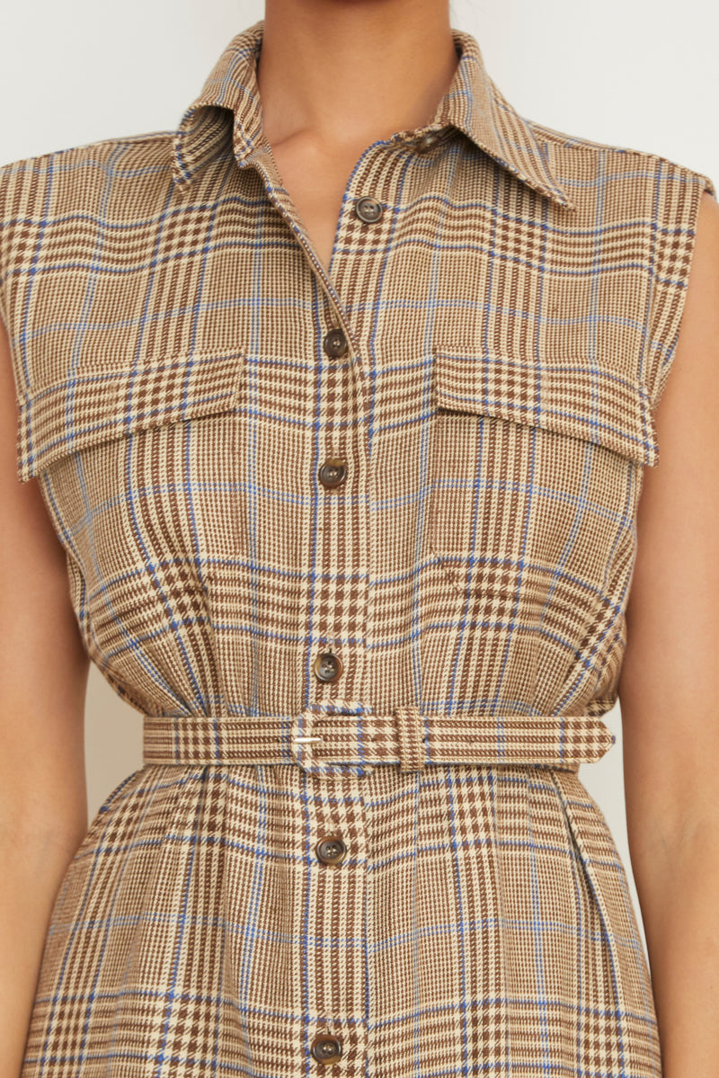 The Lilian Sleeveless Shirtdress in Brown Plaid