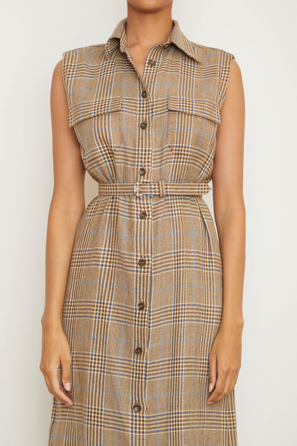 The Lilian Sleeveless Shirtdress in Brown Plaid
