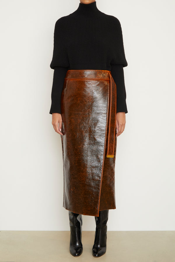 The Evelyn Wrap Skirt in Mahogany Glaze – BRANDON MAXWELL