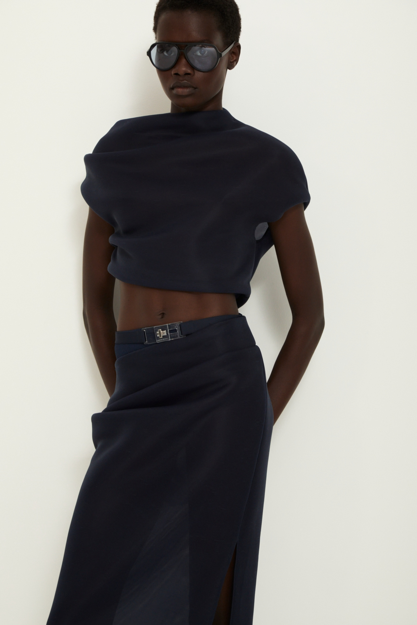 The Helene Neoprene Draped Crop Top in Black