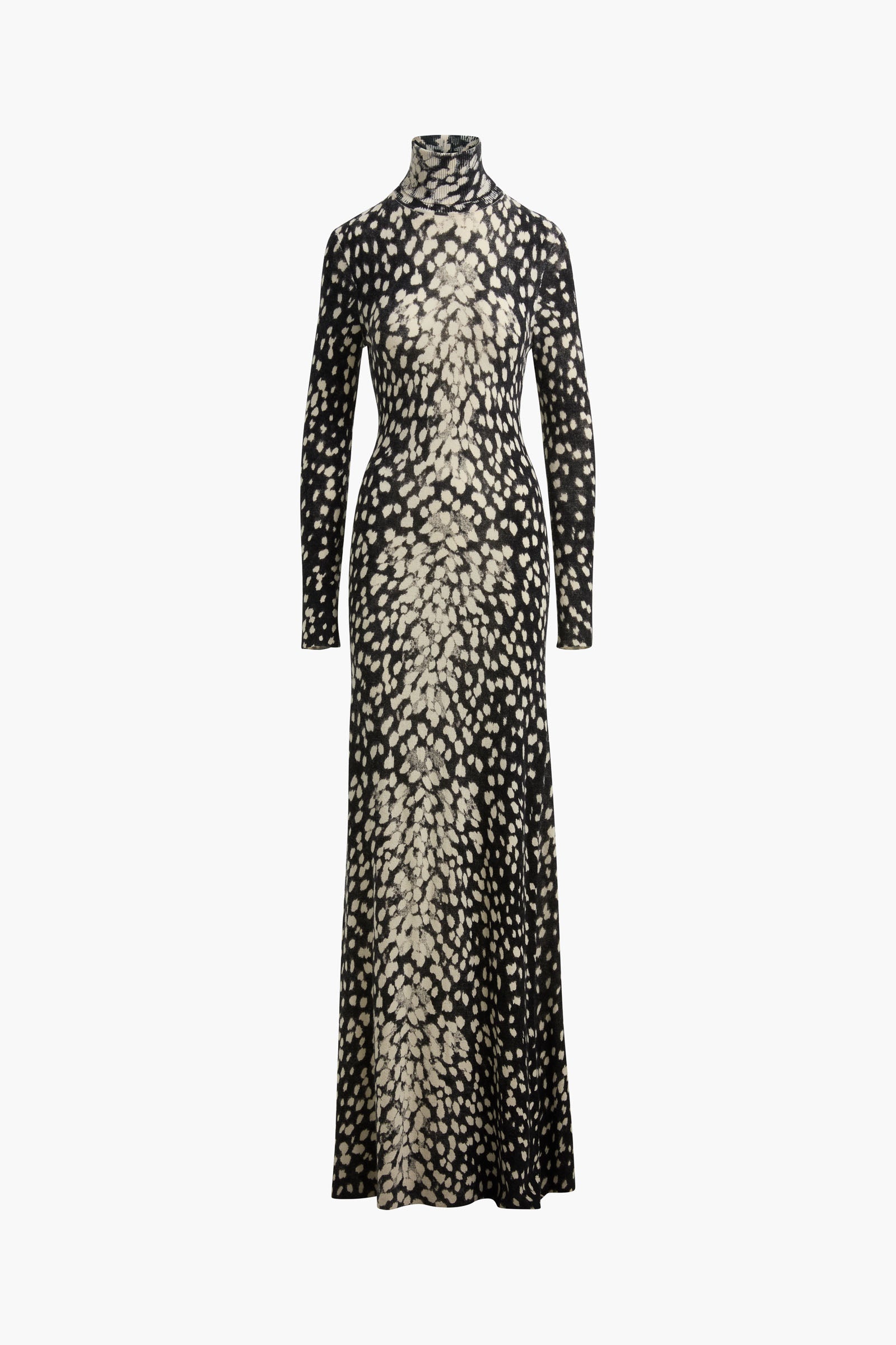 The Camille Hand Printed Cashmere Turtleneck Dress in Snow Leopard