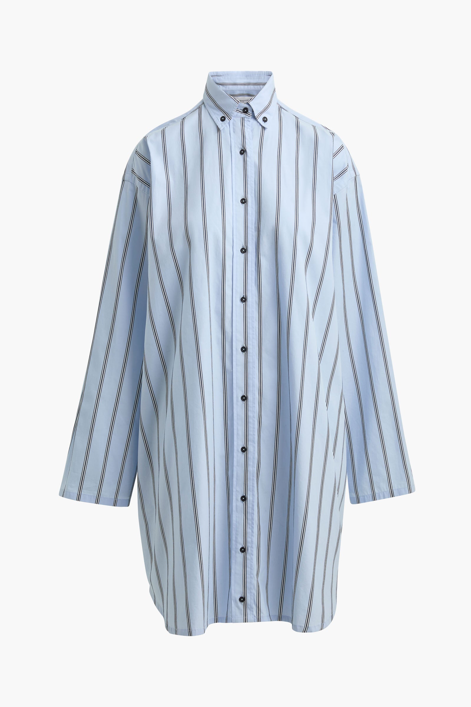 The Long Javi Boxy Button Down Shirt in Blue & Black Stripe