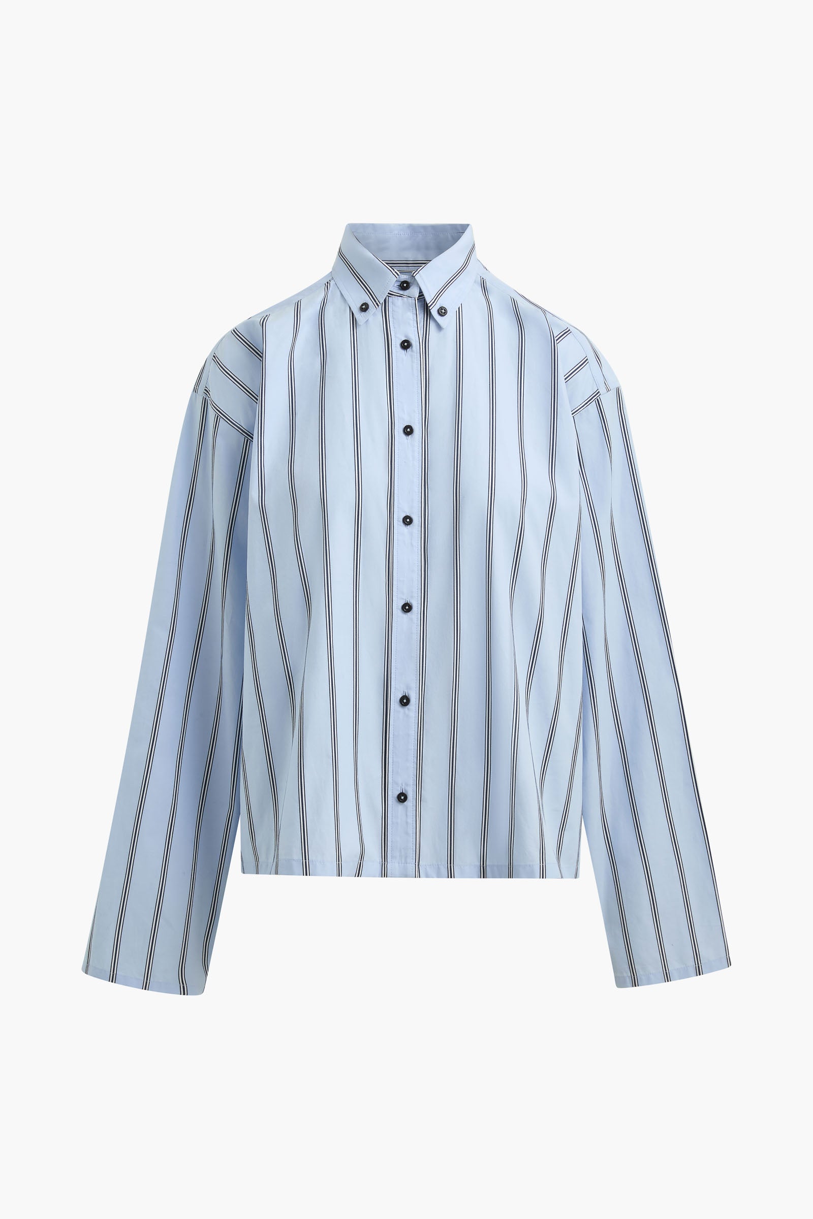 The Javi Boxy Button Down Shirt in Blue & Black Stripe