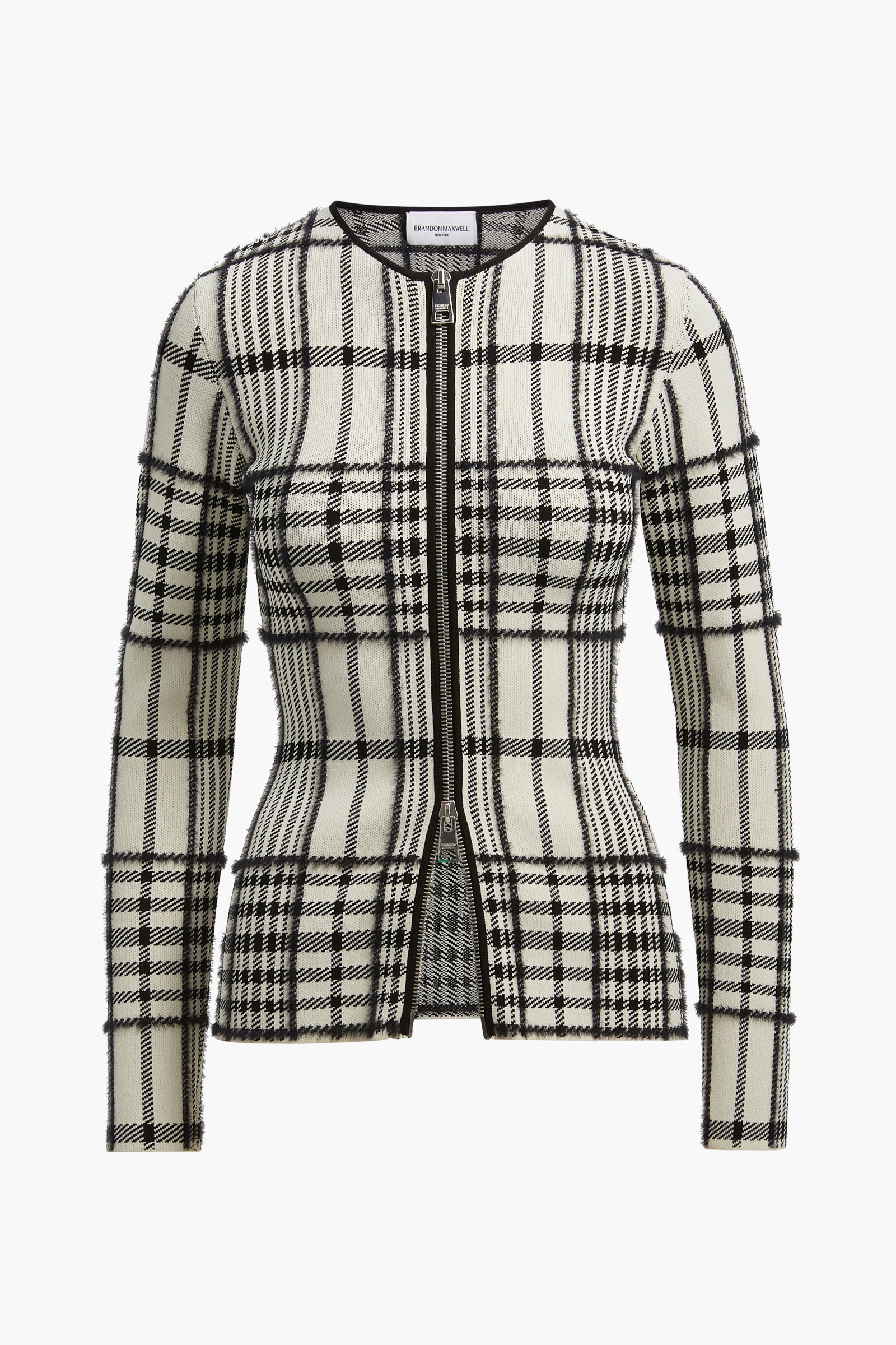 The Greer Zip Front Plaid Jacquard Knit Cardigan in Ivory Plaid