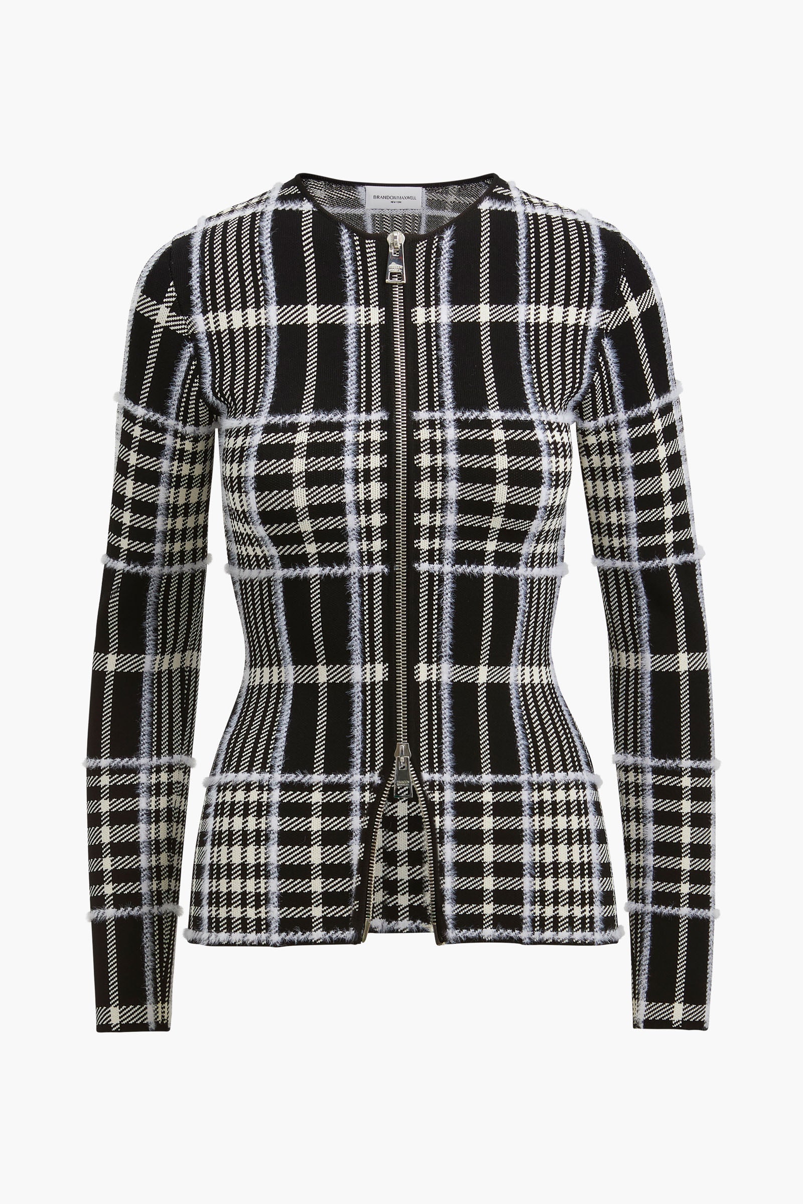 The Greer Zip Front Plaid Jacquard Knit Cardigan in Black Plaid