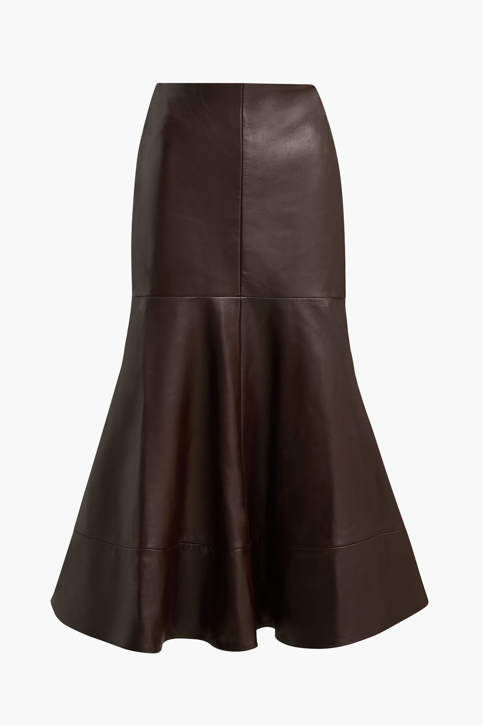 The Preston Leather Skirt with Flared Hem in Chocolate Brown
