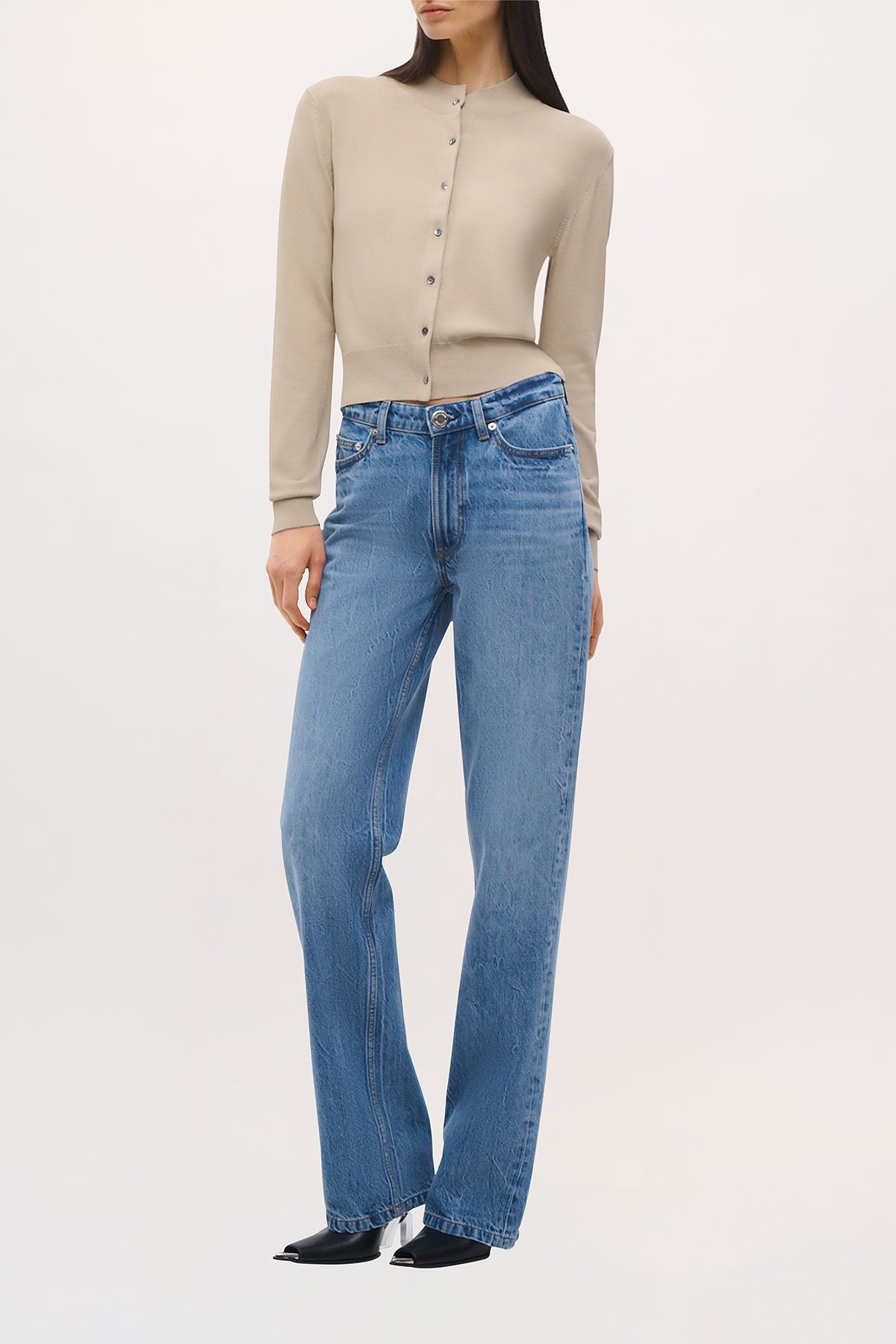 Side view of the Aubrey Cardigan in White Pepper.