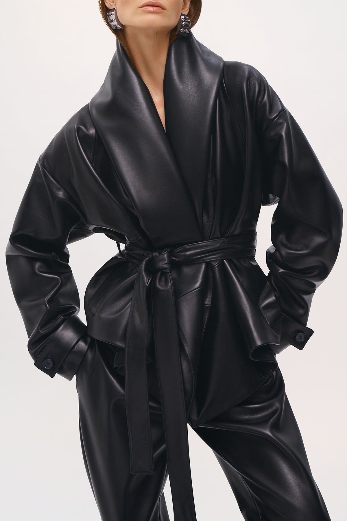 Close up view of the Bennett Trench Coat in Black.