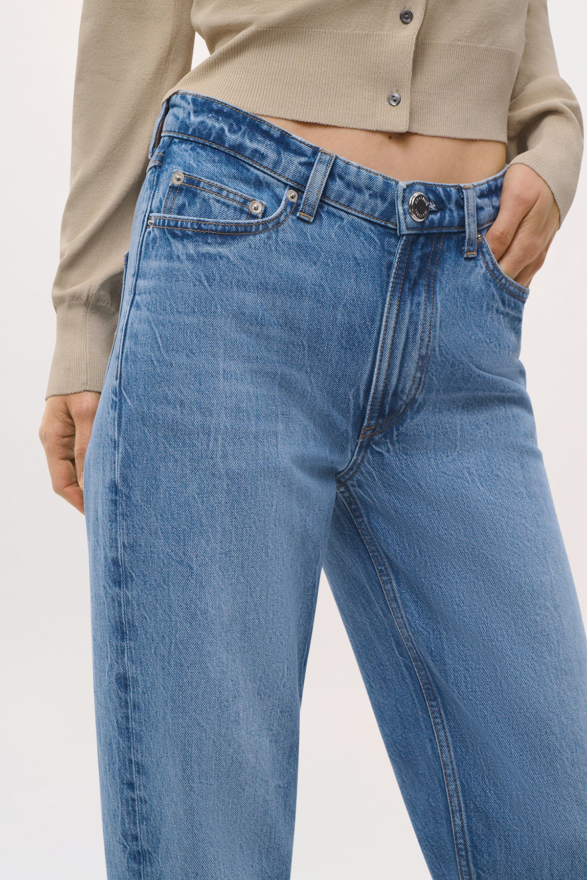 Close up view of the Lowry Jean in Lightblue.