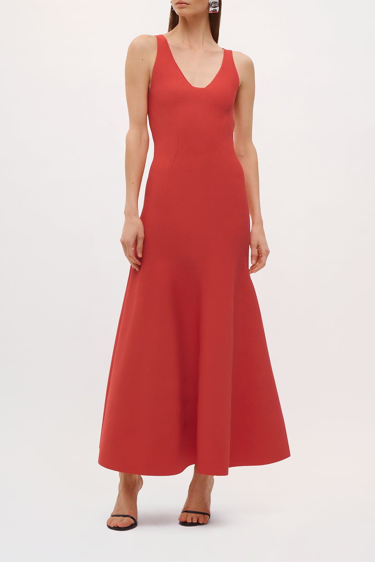 Front view of the Tatum Dress in Vermillion.