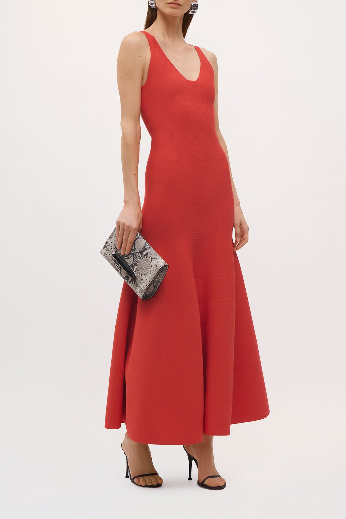 Side view of the Tatum Dress in Vermillion.