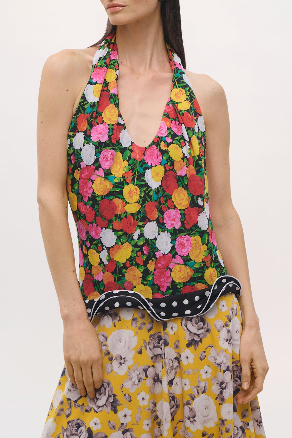 Close up view of the Wren Dress in Multifloral and Polkadot.