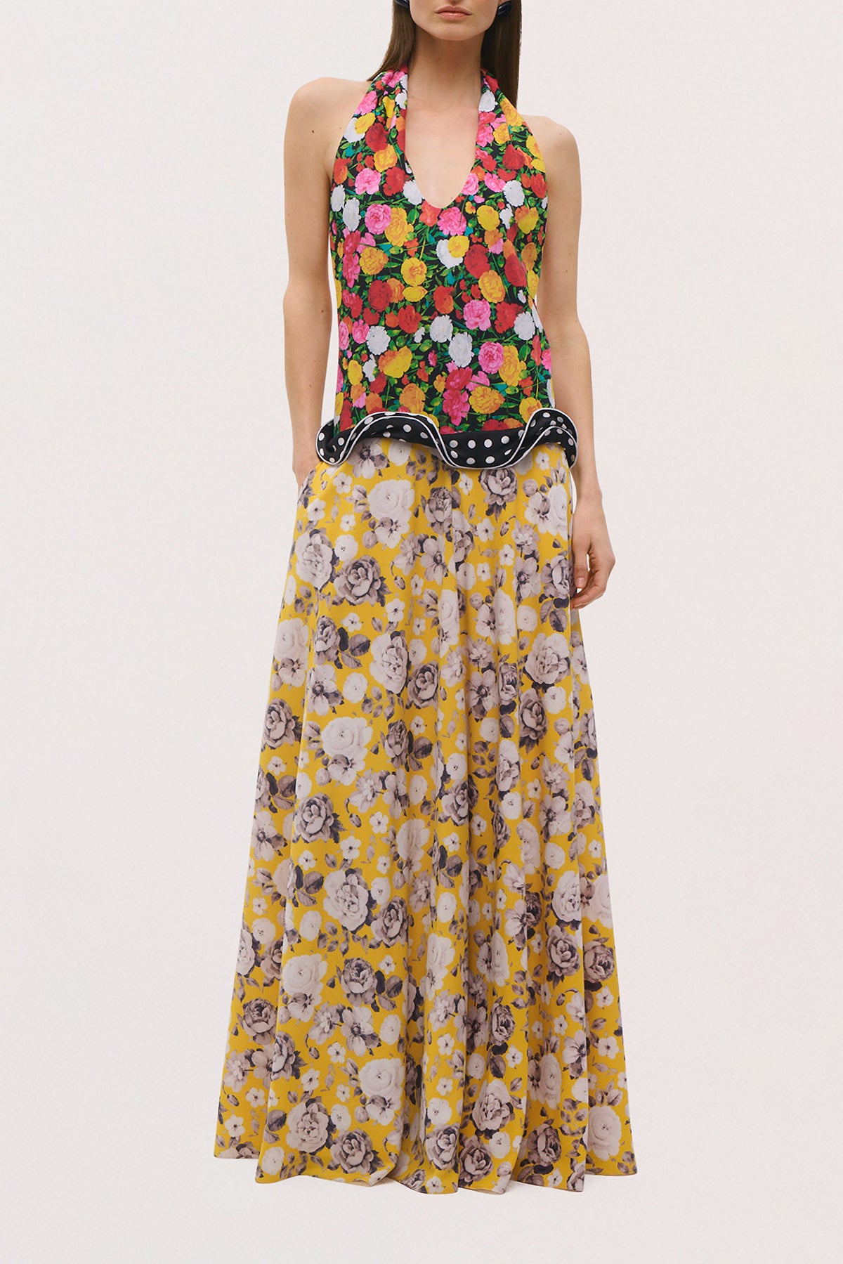 Front view of the Wren Dress in Multifloral and Polkadot.