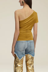 The Leah One Shoulder Sheer Knit Tee in Dried Tobacco
