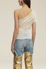 The Leah One Shoulder Sheer Knit Tee in Ivory