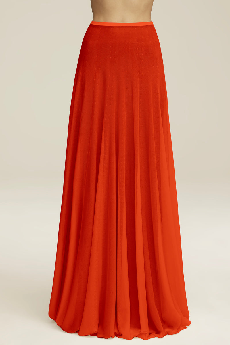 The Lucy Sheer Knit Full Maxi Skirt in Vermillion Red
