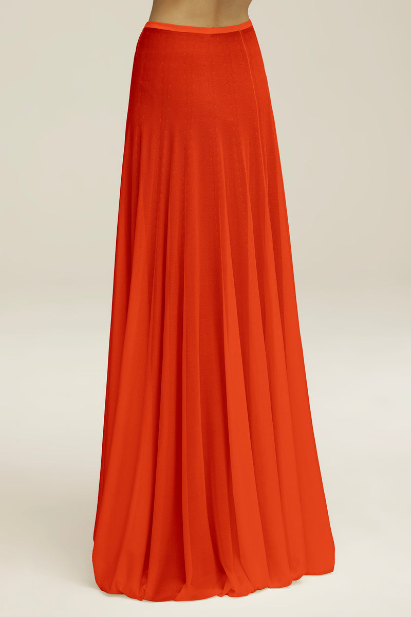 The Lucy Sheer Knit Full Maxi Skirt in Vermillion Red